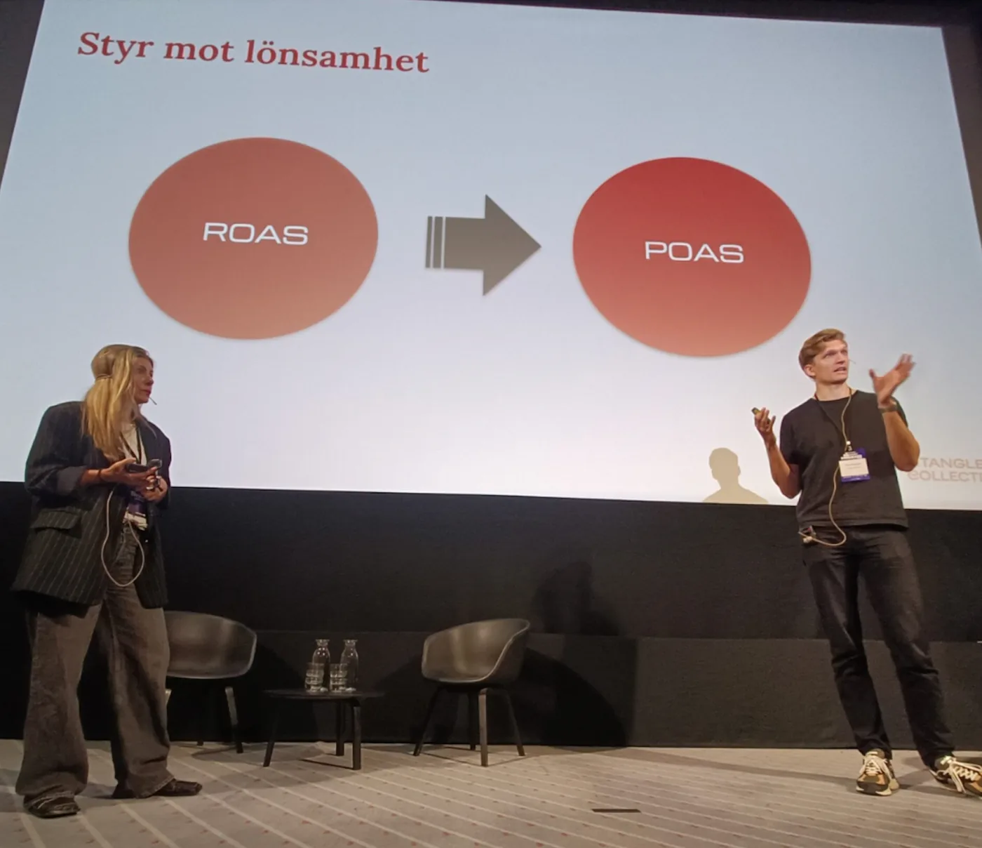 Sophia Båge and Lucas presenting the shift from ROAS to POAS at Pindex 2024